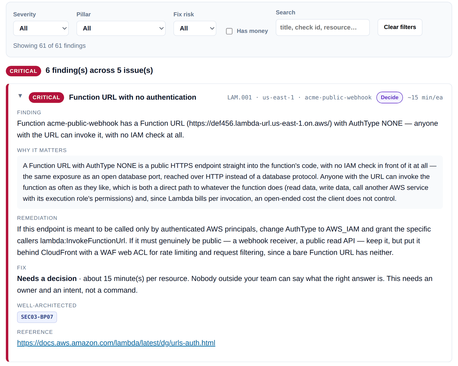 Sample cloud-audit findings list naming each AWS resource with severity, business consequence, remediation, change risk and effort.